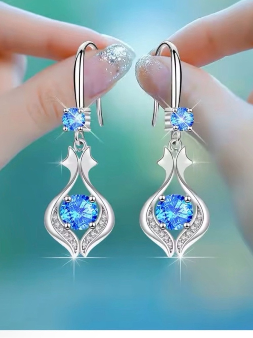 GOLD PLATED Sterling Silver Blue Crystal Drop Earrings - Elegant Women Jewelry - Picture 1 of 1